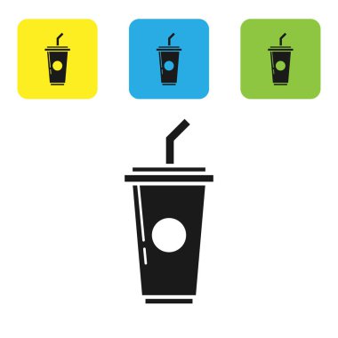 Siyah kağıt cam içme saman ve su simgesi beyaz arka planda izole. Soda içecek bardağı. Taze soğuk içecek sembolü. Set simgeleri renkli kare düğmeler. Vektör Illustration