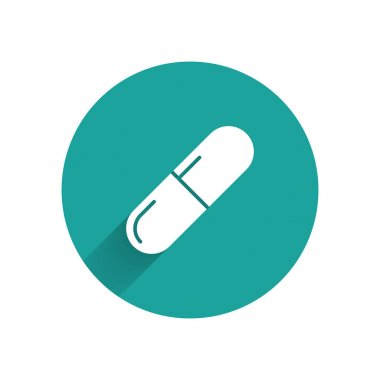 Uzun gölgeli beyaz ilaç veya tablet ikonu. Kapsül hapı ve uyuşturucu işareti. Eczane tasarımı. Yeşil daire düğmesi. Vektör İllüstrasyonu