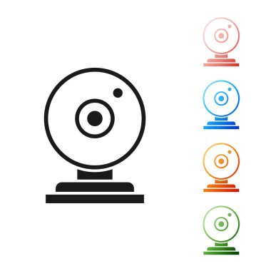 Siyah Web kamera simgesi beyaz arka planda yalıtılmış. Sohbet kamera. Web Kamerası simgesi. Simgeler renkli ayarlayın. Vektör Illustration