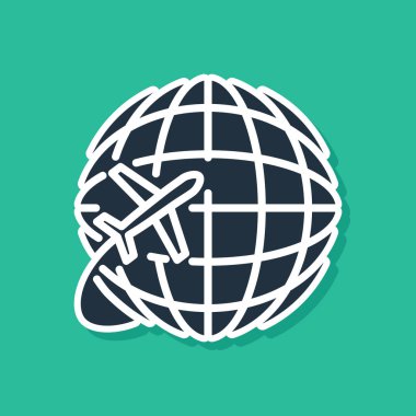 Mavi küre yeşil arka planda izole uçan uçak simgesi ile. Gezegen yeryüzünde uçak sinek. Uçak dünya simgesi. Vektör Illustration