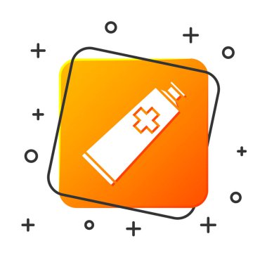 Beyaz merhem krem tüp tıp simgesi beyaz arka planda izole. Tüp, konteyner, diş macunu, krem işareti. Turuncu kare düğmesi. Vektör Illustration