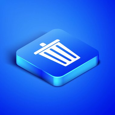 Isometrik çöp kutusu mavi arka planda yalıtılmış simgesi olabilir. Çöp kutusu işareti. Sepet simgesini geri dönüştürün. Office çöp kutusu simgesi. Mavi kare düğmesi. Vektör Illustration