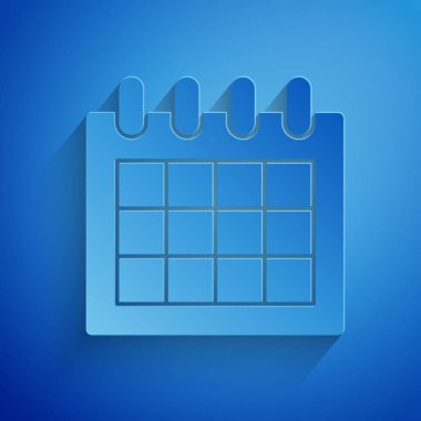 Kağıt kesiği Takvim simgesi mavi arkaplanda izole edildi. Olay hatırlatma sembolü. Kağıt sanatı tarzı. Vektör İllüstrasyonu