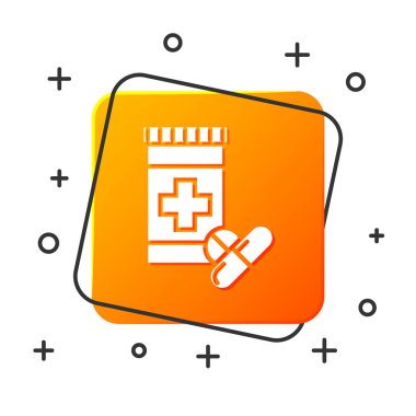 Beyaz tıp şişe ve hap simgesi beyaz arka planda izole. Şişe hap işareti. Eczane tasarımı. Turuncu kare düğmesi. Vektör Illustration