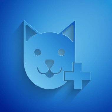 Kağıt kesim Veteriner Kliniği sembol simgesi mavi arka planda izole. Kedi veteriner bakımı ile çapraz. Pet Ilk yardım işareti. Kağıt sanatı tarzı. Vektör Illustration
