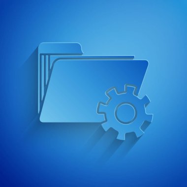 Kağıt kesilmiş klasör ayarları mavi arka planda izole dişli simgesi ile. Yazılım güncellemesi, Transfer Protokolü, takım çalışması aracı yönetimi. Kağıt sanatı tarzı. Vektör Illustration