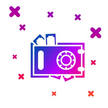 Beyaz arka planda izole renkli güvenli ve para simgesi. Kapı, bir kilit ile bir banka kasası güvenli. Güvenilir veri koruması. Degrade rasgele dinamik şekiller. Vektör Illustration