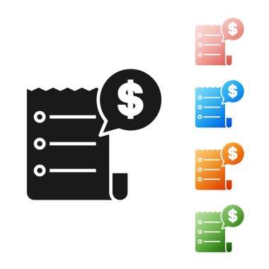 Siyah kağıt kontrol ve mali onay simgesi beyaz arka planda yalıtılmış. Kağıt baskı kontrolü, dükkan makbuzu veya faturası. Simgeler renkli ayarlayın. Vektör Illustration