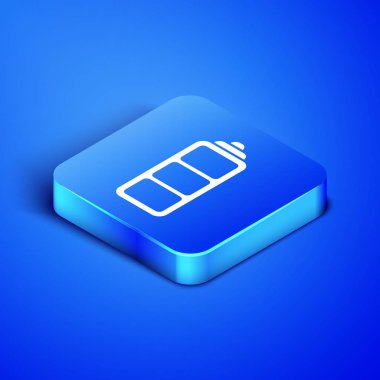 Mavi arka planda yalıtılmış izometrik pil şarj seviyesi göstergesi simgesi. Mavi kare düğmesi. Vektör Illustration
