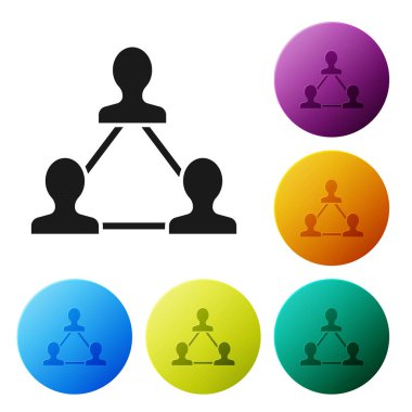 Siyah proje takım tabanı simgesi beyaz arka planda yalıtılmış. İş Analizi ve planlama, danışmanlık, takım çalışmaları, proje yönetimi. Geliştiriciler. Simgeler renkli daire düğmelerini ayarlayın. Vektör Illustration