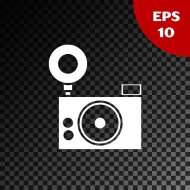 Beyaz fotoğraf kamera simgesi şeffaf koyu arka planda izole. Foto kamera simgesi. Vektör Illustration