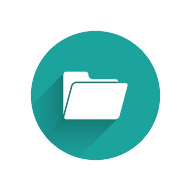 Beyaz Belge dosya simgesi uzun gölgeyle izole edildi. Muhasebe klasörü sembolü. Muhasebe yönetimi. Yeşil daire düğmesi. Vektör İllüstrasyonu