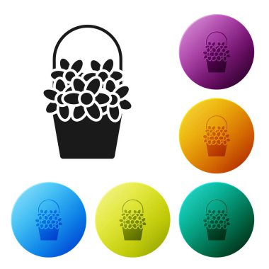 Siyah çiçekler beyaz arka planda izole bir sepet simgesi. Simgeler renkli daire düğmelerini ayarlayın. Vektör Illustration