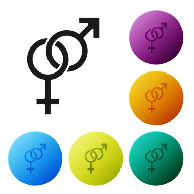 Siyah cinsiyet simgesi beyaz arka planda izole edilmiştir. Erkek ve kadınların sembolleri. Seks sembolü. Simgeler renkli daire düğmelerini ayarlayın. Vektör Illustration