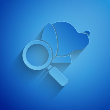 Kağıt mavi arka plan üzerinde izole Veteriner kliniği sembol simgesi kesti. Köpek veteriner bakımı ile büyüteç. Pet İlk Yardım işareti. Kağıt sanat tarzı. Vektör İllüstrasyonu