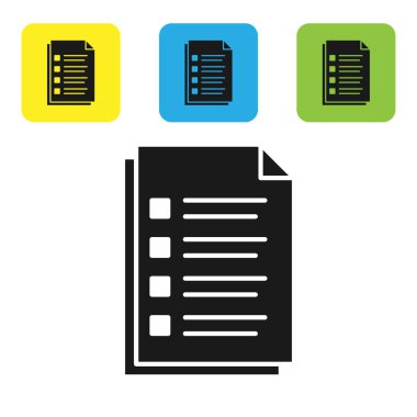 Siyah dosya belge simgesi beyaz arka planda yalıtılmış. Kontrol listesi simgesi. İş konsepti. Set simgeleri renkli kare düğmeler. Vektör Illustration