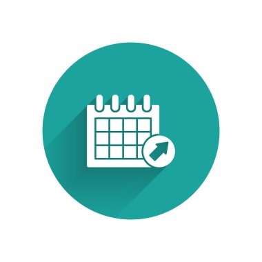 Beyaz Takvim simgesi uzun gölgede izole edildi. Olay hatırlatma sembolü. Yeşil daire düğmesi. Vektör İllüstrasyonu