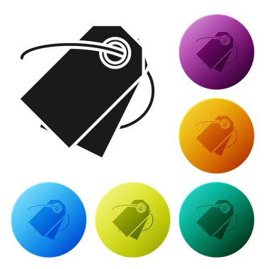 Beyaz arka planda yalıtılmış siyah boş etiket şablon fiyat etiketi simgesi. Boş alışveriş indirimi etiketi. Şablon iskonto başlığı. Simgeler renkli daire düğmelerini ayarlayın. Vektör Illustration