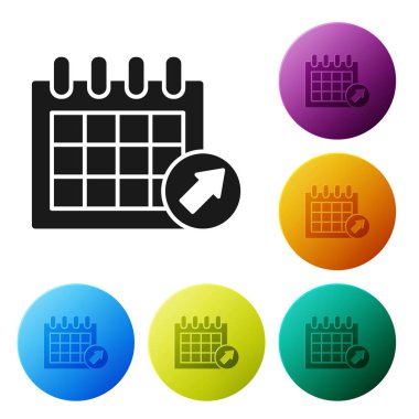 Siyah takvim simgesi beyaz arka planda yalıtılmış. Olay hatırlatma sembolü. Simgeler renkli daire düğmelerini ayarlayın. Vektör Illustration