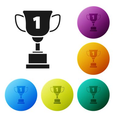 Siyah ödül fincan simgesi beyaz arka planda izole. Kazanan Kupa sembolü. Şampiyonluk veya yarışma Kupası. Spor başarı işareti. Simgeler renkli daire düğmelerini ayarlayın. Vektör Illustration
