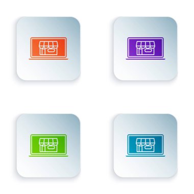 Renkli alışveriş bina ekran laptop simgesi beyaz arka planda izole. Konsept e-ticaret, e-iş, online iş pazarlama. Renkli kare düğmeleri simgeleri ayarlayın. Vektör Illustration