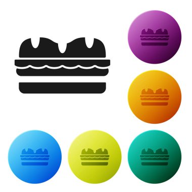 Siyah sandviç simgesi beyaz arka planda izole. Hamburger simgesi. Burger gıda sembolü. Cheeseburger sandviç işareti. Sokak Fast-Food menüsü. Simgeler renkli daire düğmelerini ayarlayın. Vektör Illustration
