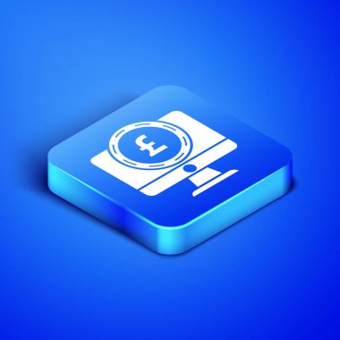 Mavi arka planda izole Pound Sterling sembol simgesi ile izometrik bilgisayar monitörü. Online alışveriş konsepti. Internet 'te kazanç. Mavi kare düğmesi. Vektör Illustration