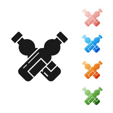 Beyaz arka planda izole su simgesi siyah çapraz şişe. Soda su içeceği işareti. Simgeler renkli ayarlayın. Vektör Illustration