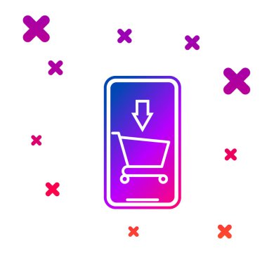 Beyaz arka planda izole renkli cep telefonu ve alışveriş sepeti simgesi. Online satın alma sembolü. Süpermarket sepeti sembolü. Degrade rasgele dinamik şekiller. Vektör Illustration