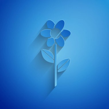 Kağıt kesilmiş çiçek simgesi mavi arka planda izole. Kağıt sanatı tarzı. Vektör Illustration