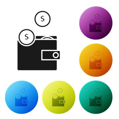 Siyah cüzdan sikke simgesi beyaz arka planda izole. Cüzdan simgesi. Nakit tasarruf sembolü. Simgeler renkli daire düğmelerini ayarlayın. Vektör Illustration