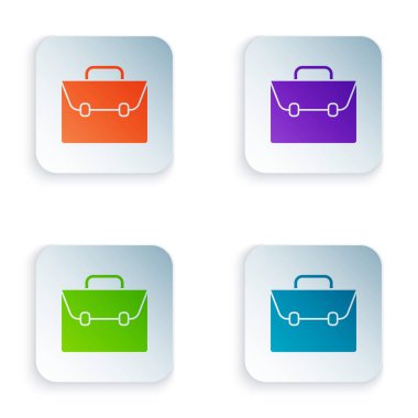 Beyaz arka planda izole renkli evrak çantası simgesi. İş davası işareti. İş portföyü. Renkli kare düğmeleri simgeleri ayarlayın. Vektör Illustration