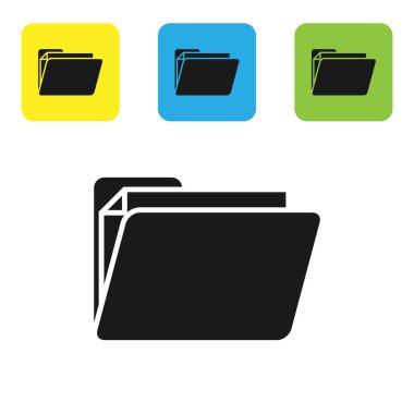 Siyah belge klasör simgesi beyaz arka planda yalıtılmış. Muhasebe bağlayıcı sembolü. Defter tutma yönetimi. Set simgeleri renkli kare düğmeler. Vektör Illustration