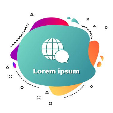 Beyaz dünya haritası konuşma kabarcık simgesi beyaz arka planda izole yapılmış. Dünya 'da küresel iletişim şeması. Sıvı şekiller ile soyut afiş. Vektör Illustration