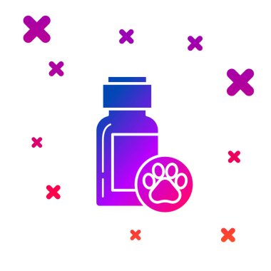 Beyaz arka planda izole Renk Köpek ilaç şişe simgesi. Haplarla dolu bir kap. Hayvanlar için reçeteli ilaç. Gradyan rasgele dinamik şekiller. Vektör İllüstrasyonu