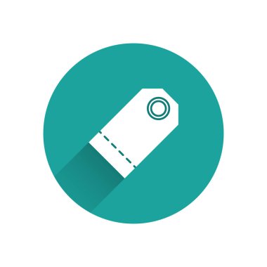 Beyaz boş etiket şablonu fiyat etiketi simgesi uzun gölge ile yalıtılmış. Boş alışveriş indirimi etiketi. Şablon iskonto başlığı. Yeşil daire düğmesi. Vektör Illustration