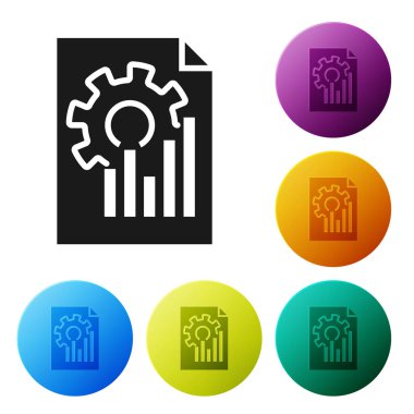 Siyah belge grafik grafik simgesi beyaz arka planda yalıtılmış. Rapor metin dosyası simgesi. Hesap işareti. Denetim, analiz, planlama. Simgeler renkli daire düğmelerini ayarlayın. Vektör Illustration