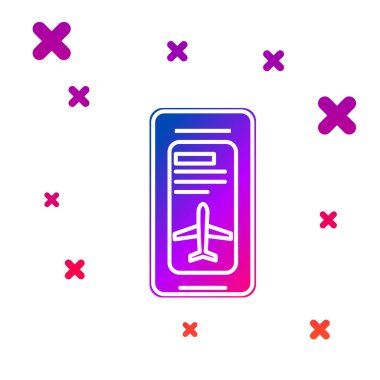 Beyaz arka planda izole elektronik biniş Pass havayolu bilet simgesi ile renkli smartphone. Web ve uygulama için yolcu uçağı mobil bilet. degrade rasgele dinamik şekiller. Vektör Illustration