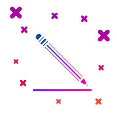 Beyaz arka planda izole silgi ve çizgi simgesi olan renk kalemi. Eğitim işareti. Çizim ve eğitim araçları. Okul ofisi sembolü. Degrade rasgele dinamik şekiller. Vektör Illustration