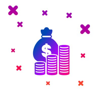 Beyaz arka planda izole renk para çantası ve jeton simgesi. Dolar veya USD sembolü. Nakit bankacılık para birimi işareti. Degrade rasgele dinamik şekiller. Vektör Illustration