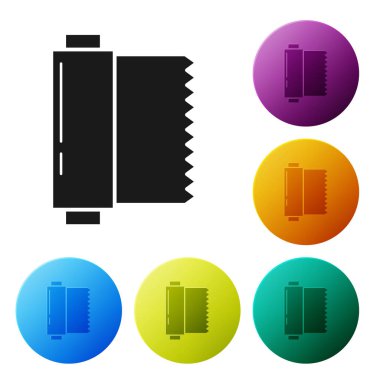 Siyah tekstil kumaş rulo simgesi beyaz arka planda izole. Rulo, mat, halı, bez, halı veya kağıt rulo simgesi. Simgeler renkli daire düğmelerini ayarlayın. Vektör Illustration