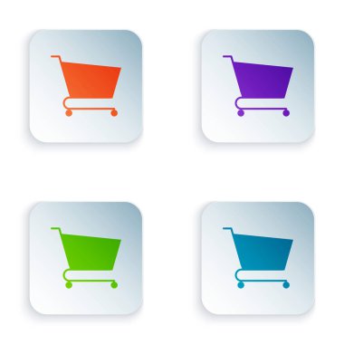 Beyaz arka planda izole renkli alışveriş sepeti simgesi. Online satın alma kavramı. Teslimat hizmeti işareti. Süpermarket sepeti sembolü. Renkli kare düğmeleri simgeleri ayarlayın. Vektör Illustration
