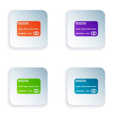 Renkli kredi kartı simgesi beyaz arka planda yalıtılmış. Online ödeme. Nakit para çekme. Finansal operasyonlar. Alışveriş tabelası. Renkli kare düğmeleri simgeleri ayarlayın. Vektör Illustration