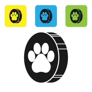 Siyah Paw baskı simgesi beyaz arka planda izole. Köpek veya kedi pençe baskı. Hayvan parkuru. Set simgeleri renkli kare düğmeler. Vektör Illustration