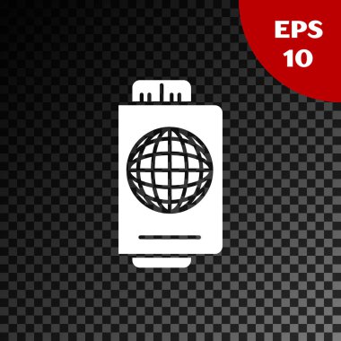 Beyaz pasaport ile şeffaf koyu arka planda izole bilet simgesi. Kimlik belgesi. Konsept seyahat ve Turizm. Vektör Illustration