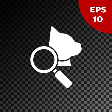 Beyaz Veteriner kliniği sembol simgesi şeffaf koyu arka plan üzerinde izole. Kedi veteriner bakımı ile büyüteç. Pet İlk Yardım işareti. Vektör İllüstrasyonu