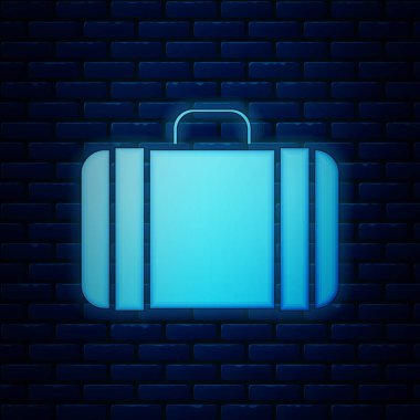 Tuğla duvar arka plan üzerinde izole seyahat etmek simge için parlak neon bavul. Bagaj işareti seyahat. Seyahat Bagaj simgesi. Vektör çizim