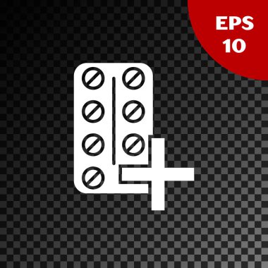 Şeffaf koyu arka planda izole blister paketi simgesinde beyaz Pills. Tablet için tıbbi ilaç paketi: vitamin, antibiyotik, aspirin. Vektör Illustration