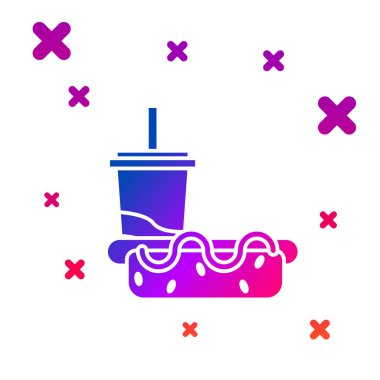 Beyaz arka planda izole saman ve Hotdog simgesi içme ile renkli kağıt cam. Soda su içeceği işareti. Hamburger, çizburger sandviç. Degrade rasgele dinamik şekiller. Vektör Illustration