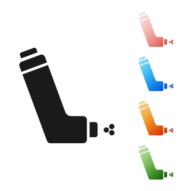 Beyaz arka planda izole siyah Inhaler simgesi. Öksürük, inhalasyon, Alerjik hasta için nefes. Tıbbi alerji astım inhaler sprey. Simgeler renkli ayarlayın. Vektör Illustration